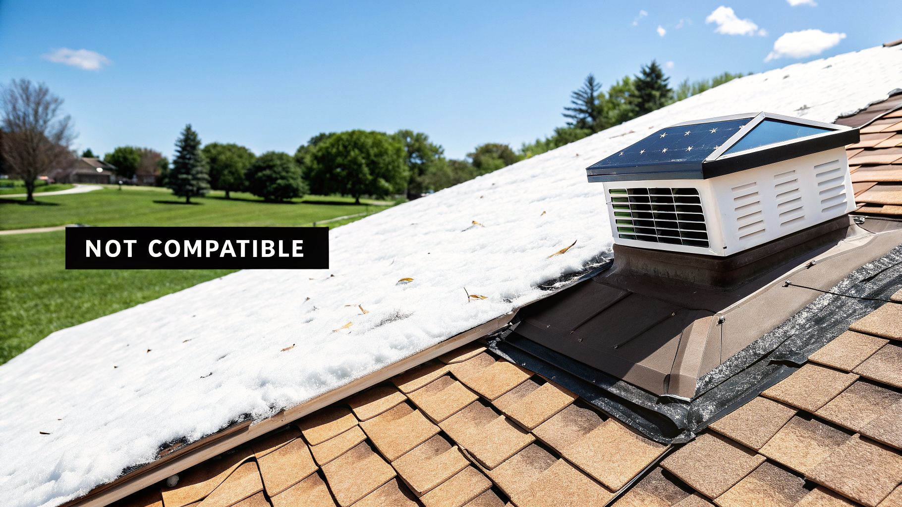 Solar attic vent on a shingle roof, partially covered in snow, with 'NOT COMPATIBLE' text.