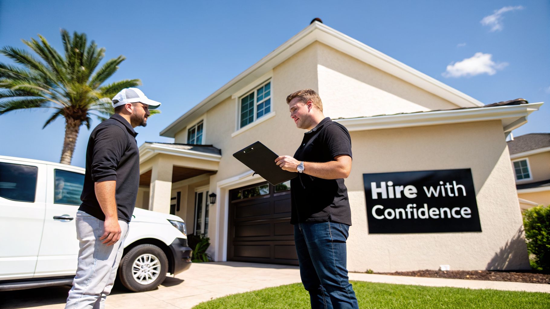 Hiring South Florida Spray Foam Insulation Contractors 2 Two professional spray foam insulation contractors outside a house with a 'Hire with Confidence' sign.