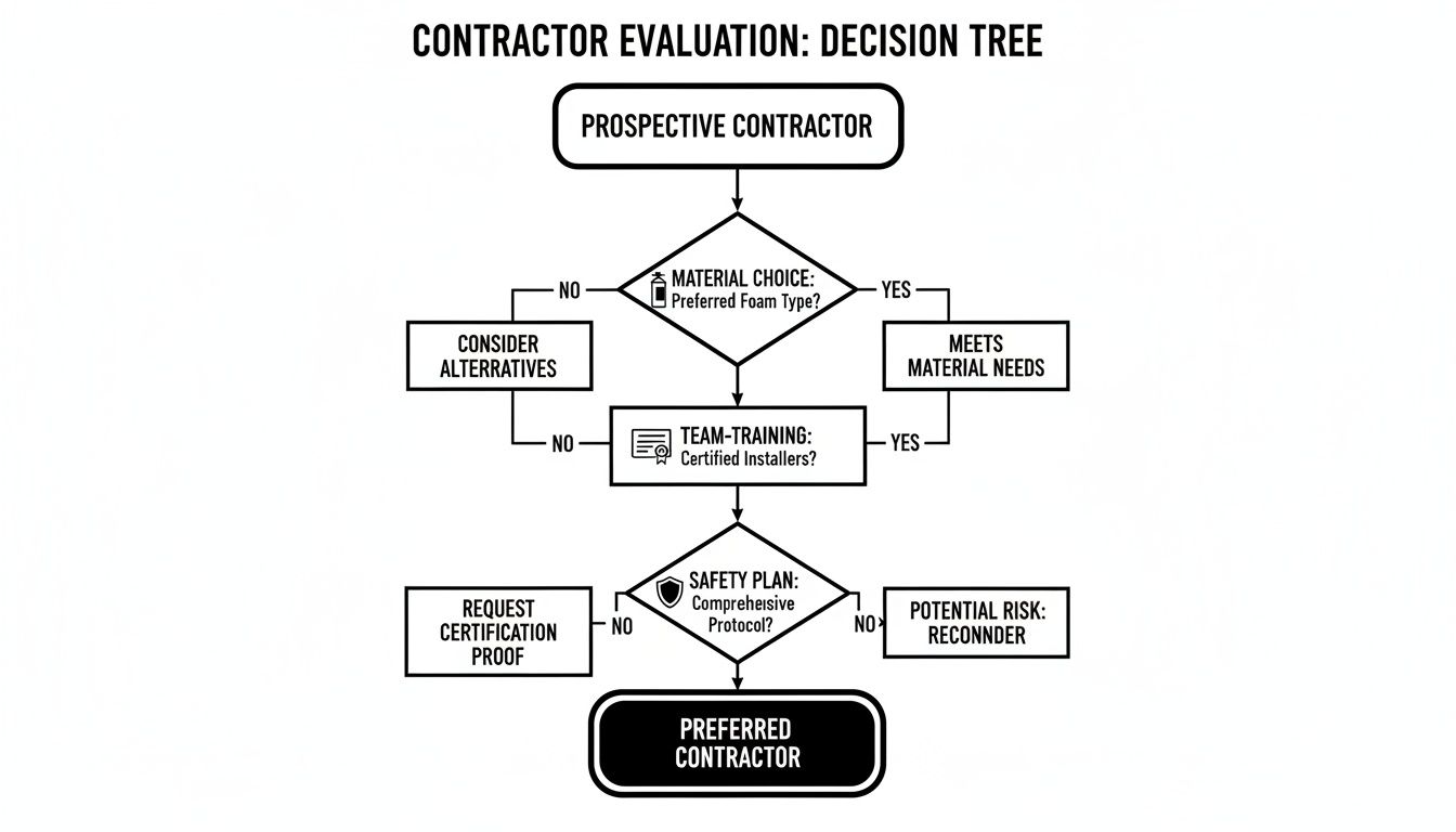 Hiring South Florida Spray Foam Insulation Contractors 4 Decision tree for contractor evaluation, outlining steps for material choice, team training, and safety plan assessment.