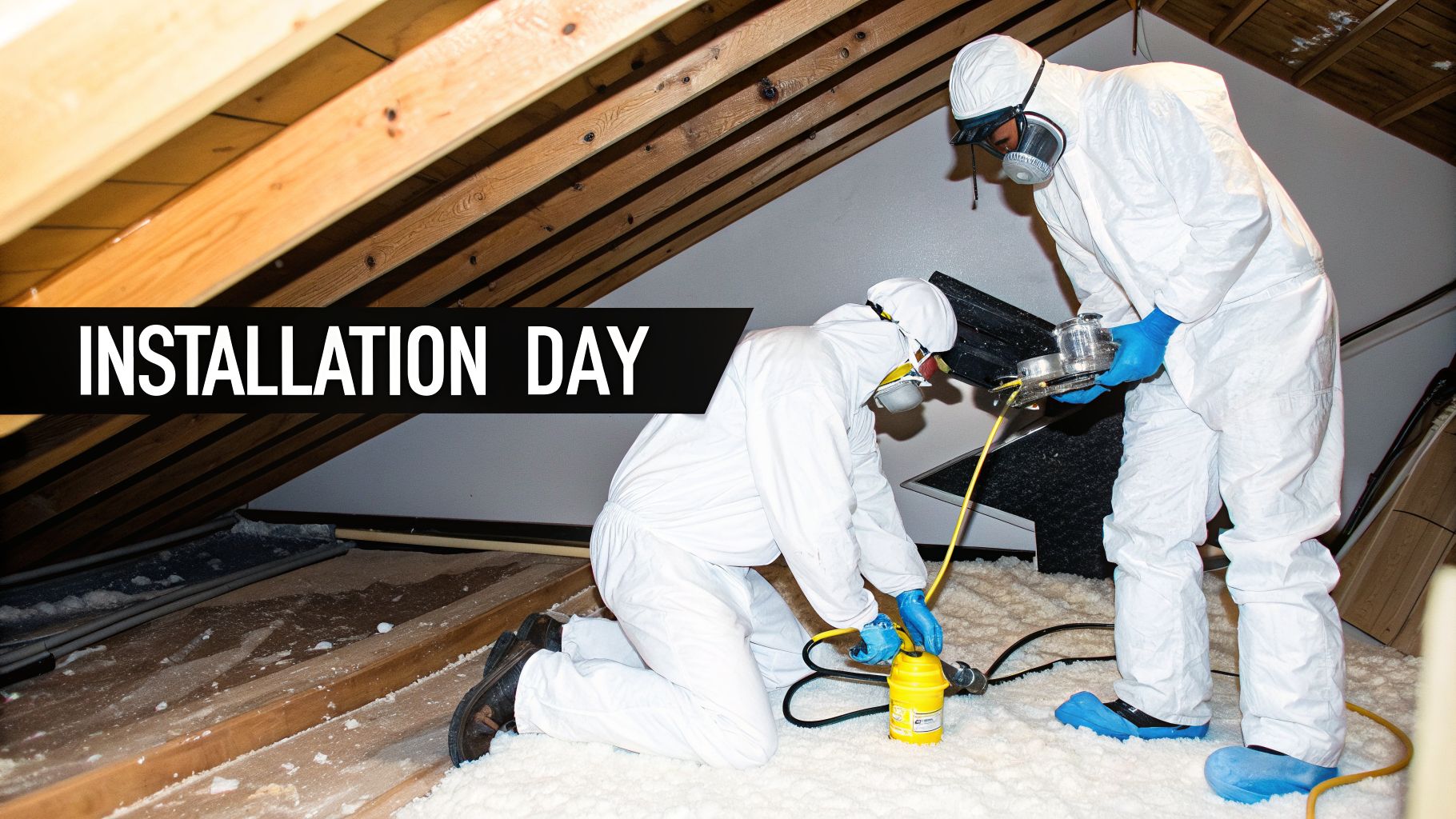 Hiring South Florida Spray Foam Insulation Contractors 5 Two professional workers in hazmat suits and respirators installing insulation in an attic space.