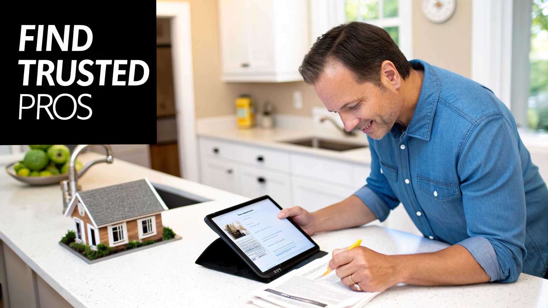 Hiring South Florida Spray Foam Insulation Contractors 3 A smiling man researching home improvement professionals on a tablet and paper in a modern kitchen.