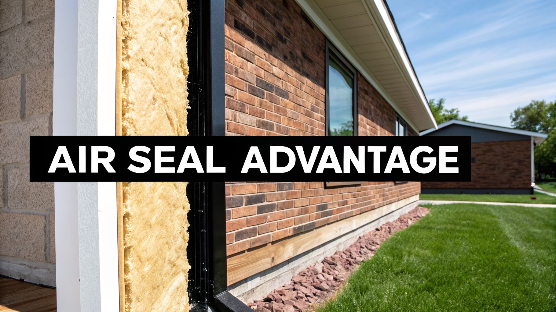 Spray Foam vs Fiberglass Insulation Cost 2026 Homeowner's Guide 3 A detailed view of a wall's construction showing insulation and an air seal next to a brick home.