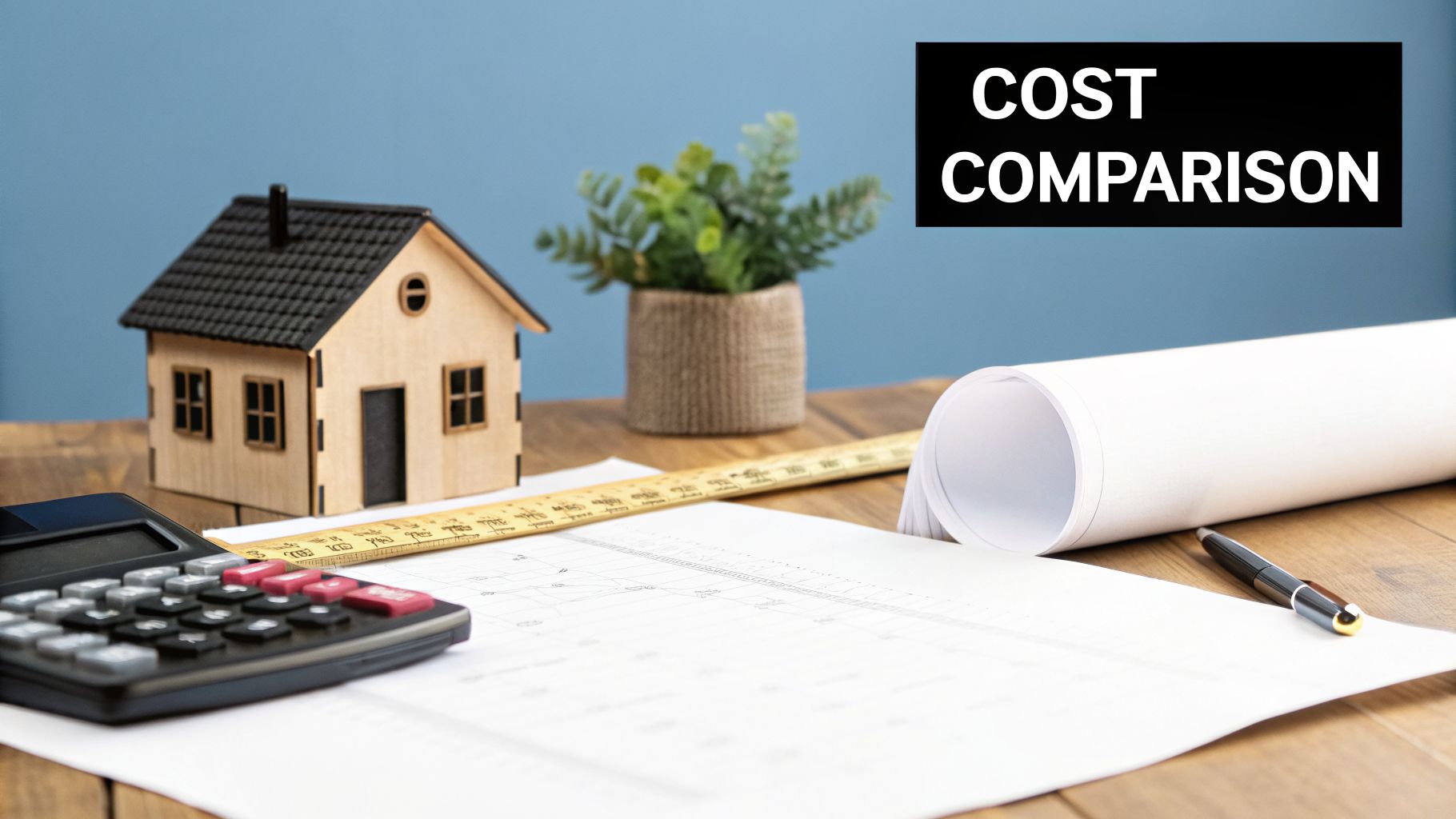Spray Foam vs Fiberglass Insulation Cost 2026 Homeowner's Guide 2 Miniature house model, calculator, blueprints, and pen on a desk for cost comparison and construction planning.
