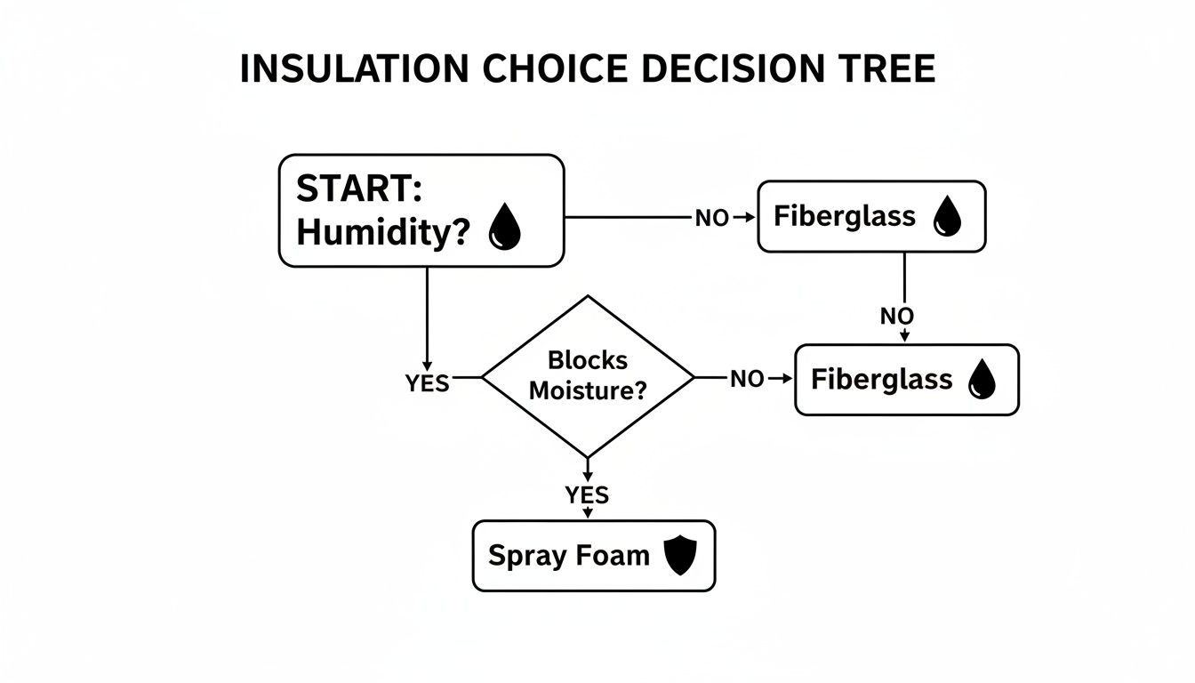 Spray Foam vs Fiberglass Insulation Cost 2026 Homeowner's Guide 4 Decision tree illustrating insulation choice between fiberglass and spray foam based on humidity and moisture.