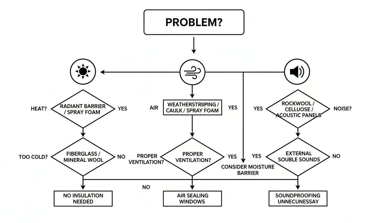 A flowchart for diagnosing and solving home insulation, air sealing, and soundproofing problems.