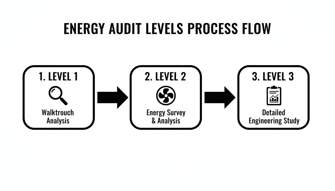 Process flow diagram showing three levels of energy audit: Walkthrough, Energy Survey, and Detailed Engineering Study.
