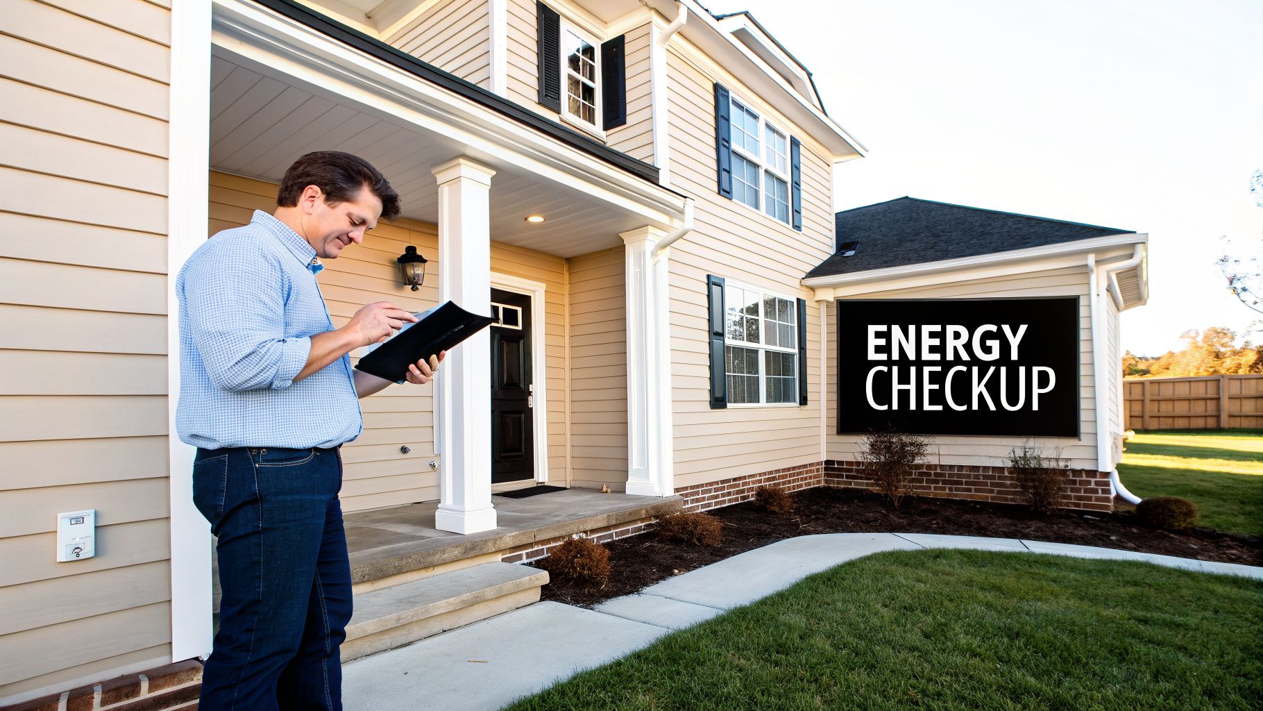 A man in a blue shirt conducts an energy checkup, examining documents outside a modern house.
