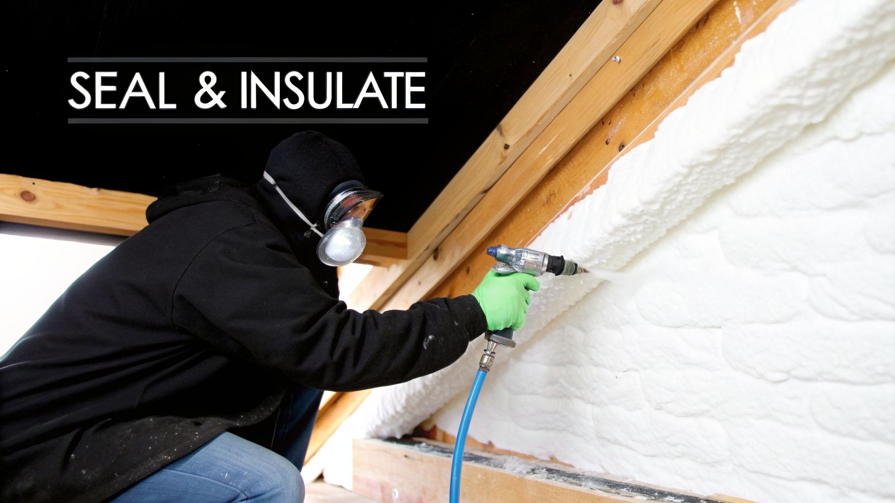 A professional in protective gear applies white spray foam insulation to a wooden-framed wall.