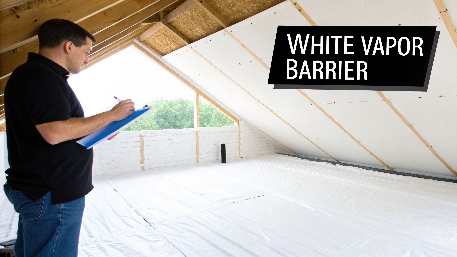 White Vapor Barrier: Florida's Best Defense Against Moisture 2 Man inspecting new white vapor barrier installation in a residential attic space.