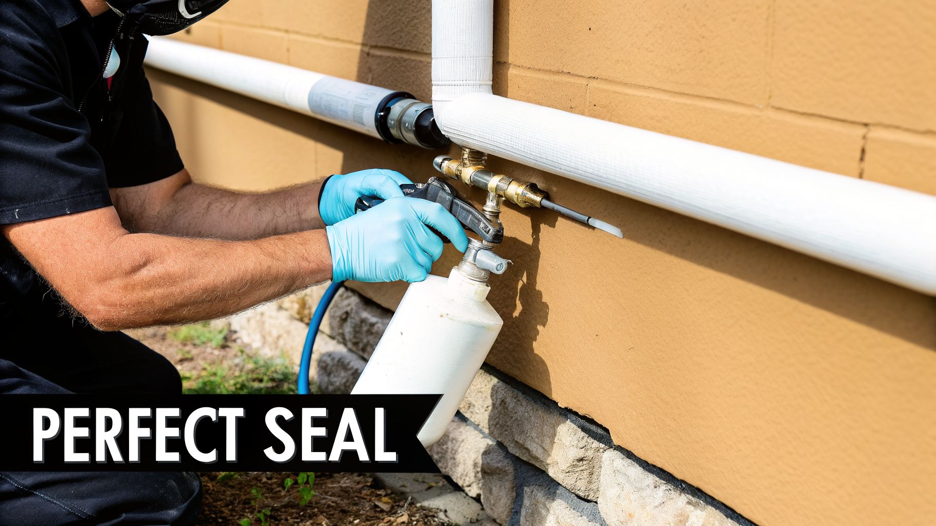White Vapor Barrier: Florida's Best Defense Against Moisture 4 A worker in blue gloves applies sealant to white insulated pipes on a building exterior.