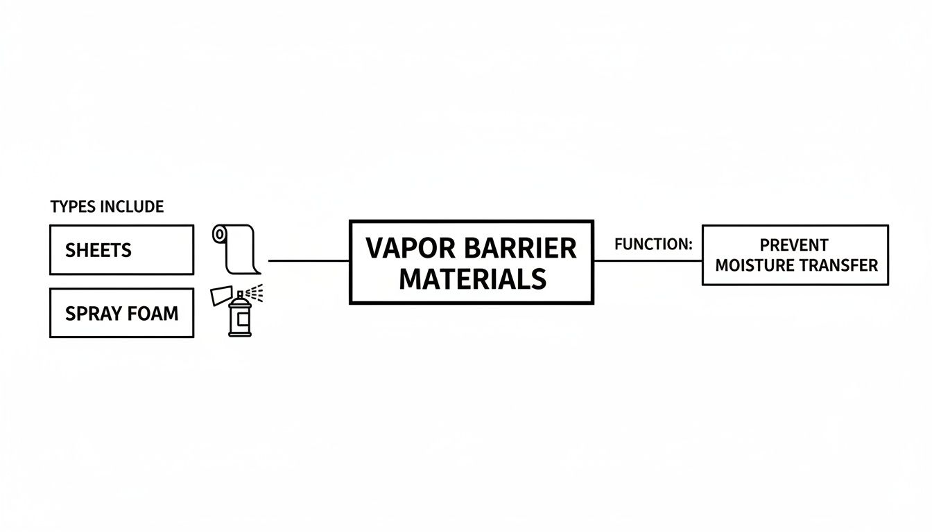 White Vapor Barrier: Florida's Best Defense Against Moisture 3 A diagram showing vapor barrier materials, their types (sheets, spray foam), and their function to prevent moisture.