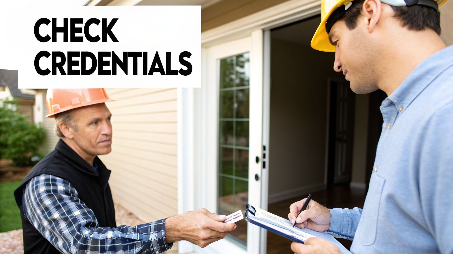 Contractors exchanging credentials and reviewing paperwork outside a house.