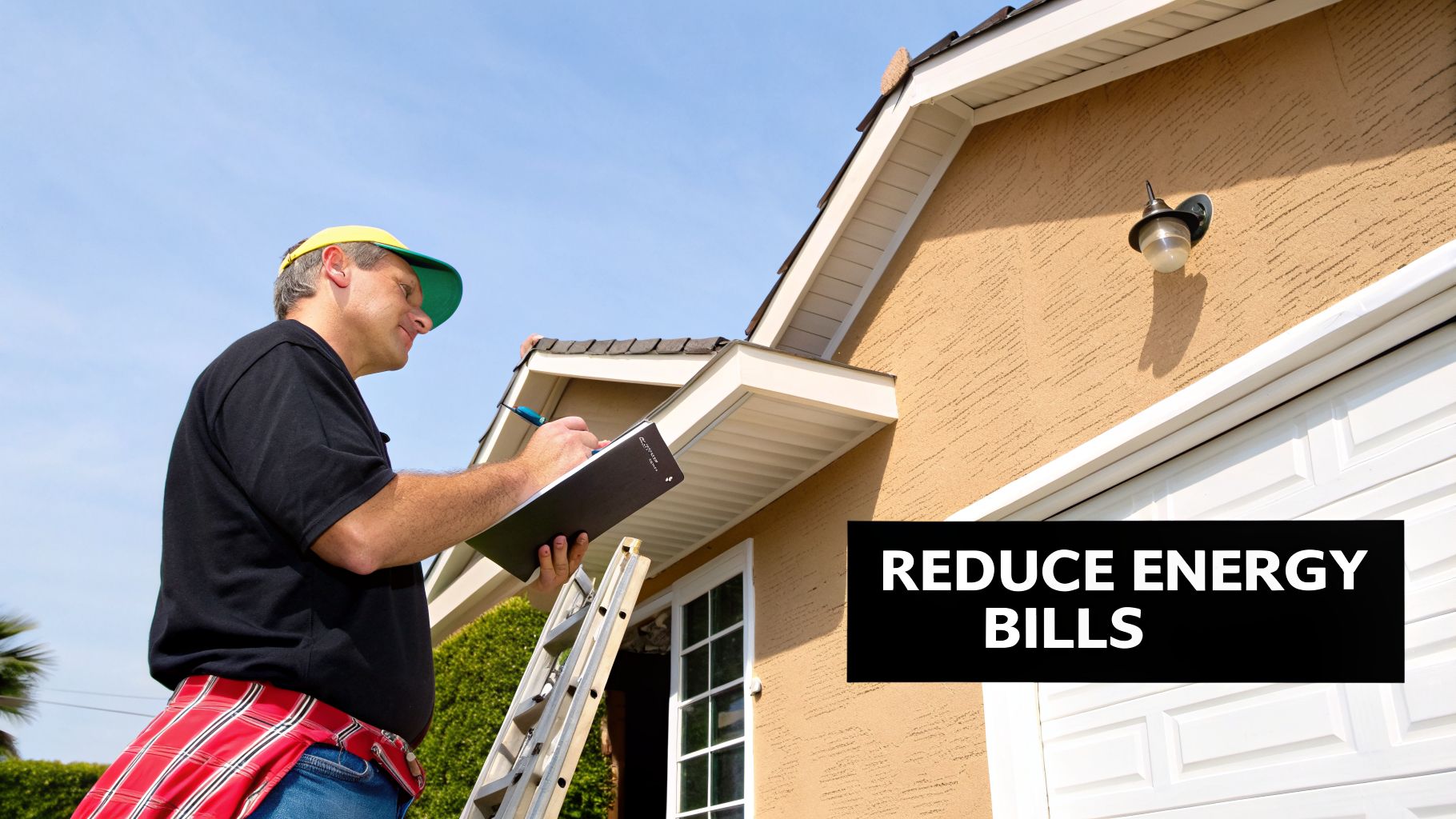 A contractor on a ladder inspects a house, writing on a clipboard for an energy audit.