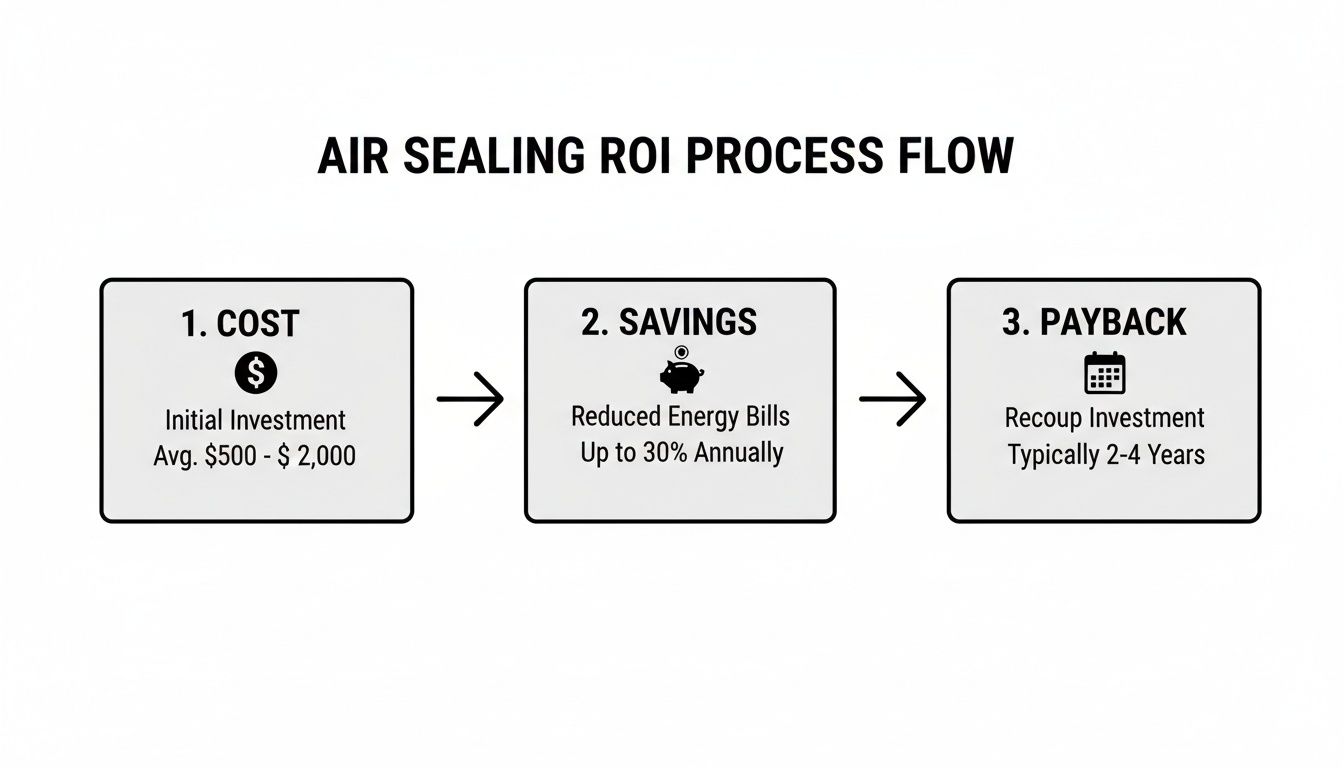 Flowchart illustrating the return on investment for air sealing, including initial cost, energy savings, and payback.