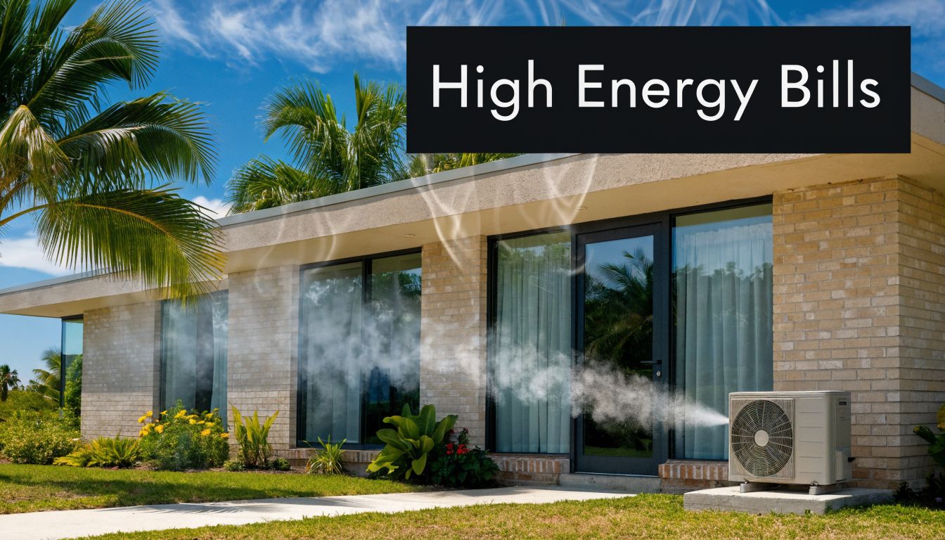 Attic Insulation West Palm Beach: Lower Bills Now 2 A modern brick house exterior with an HVAC unit leaking steam, highlighting high energy utility bills.