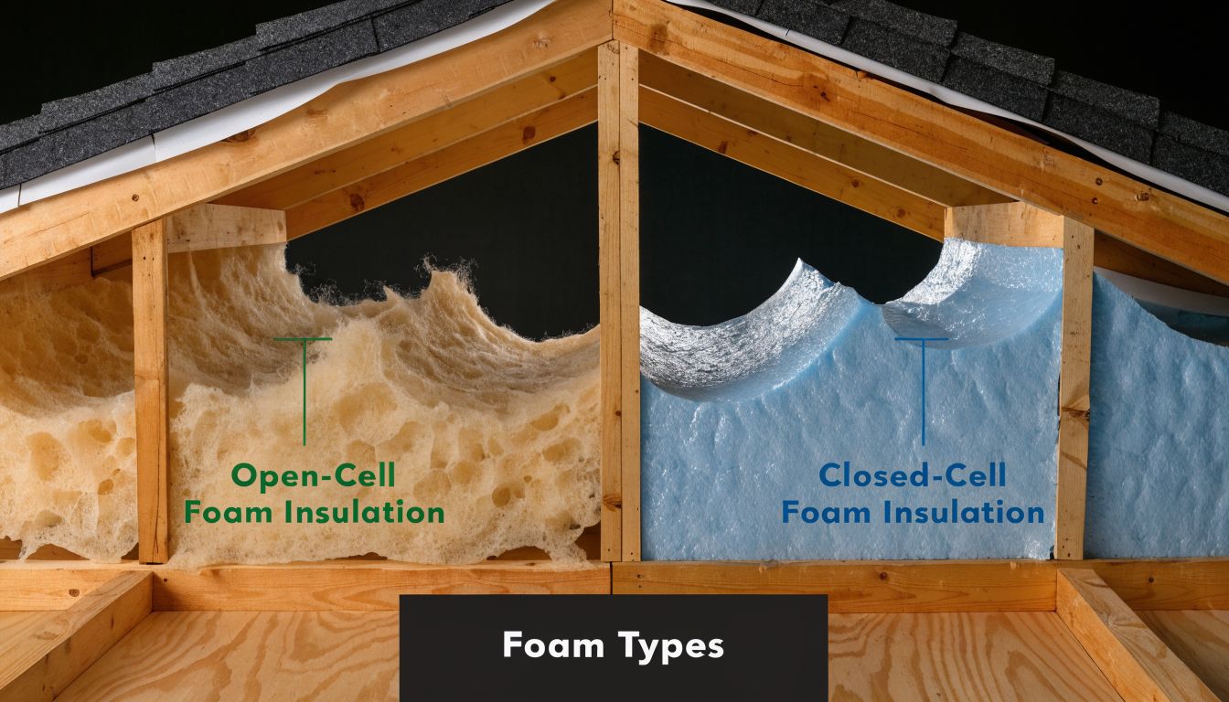 Attic Insulation West Palm Beach: Lower Bills Now 4 A cutaway view of an attic showing yellow open-cell foam and blue closed-cell foam insulation between rafters.