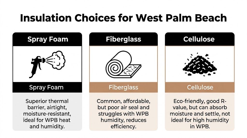 Attic Insulation West Palm Beach: Lower Bills Now 3 A comparison chart of spray foam, fiberglass, and cellulose insulation types for homes in West Palm Beach.
