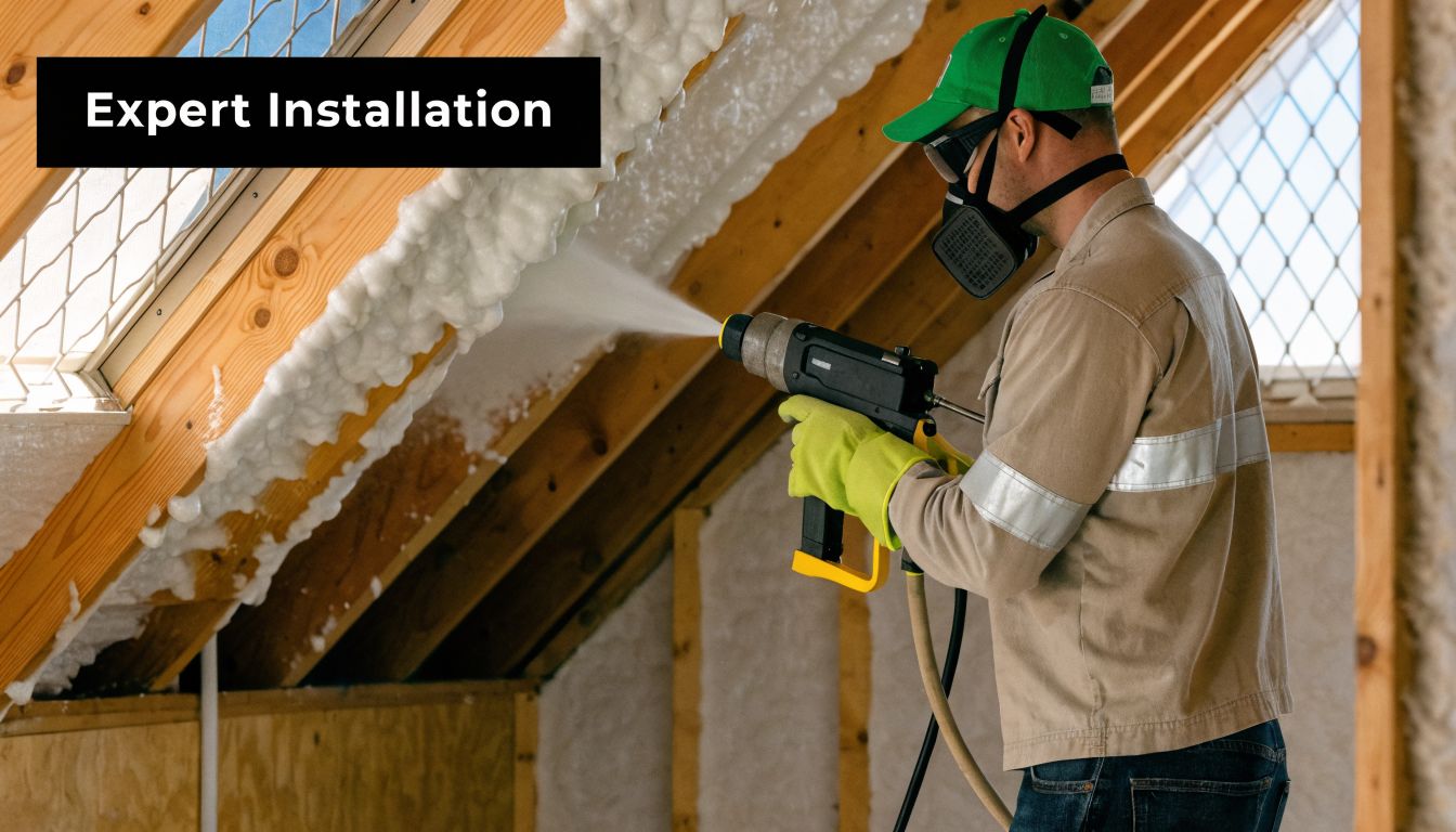 Attic Insulation West Palm Beach: Lower Bills Now 5 A professional technician wearing safety gear applying spray foam insulation to the wooden roof of an attic.