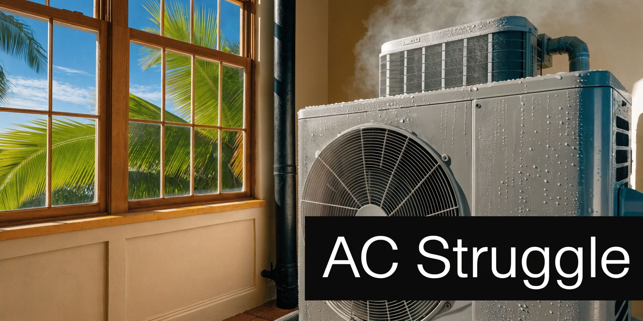 An outdoor air conditioning unit covered in water condensation sitting near a window with palm trees.