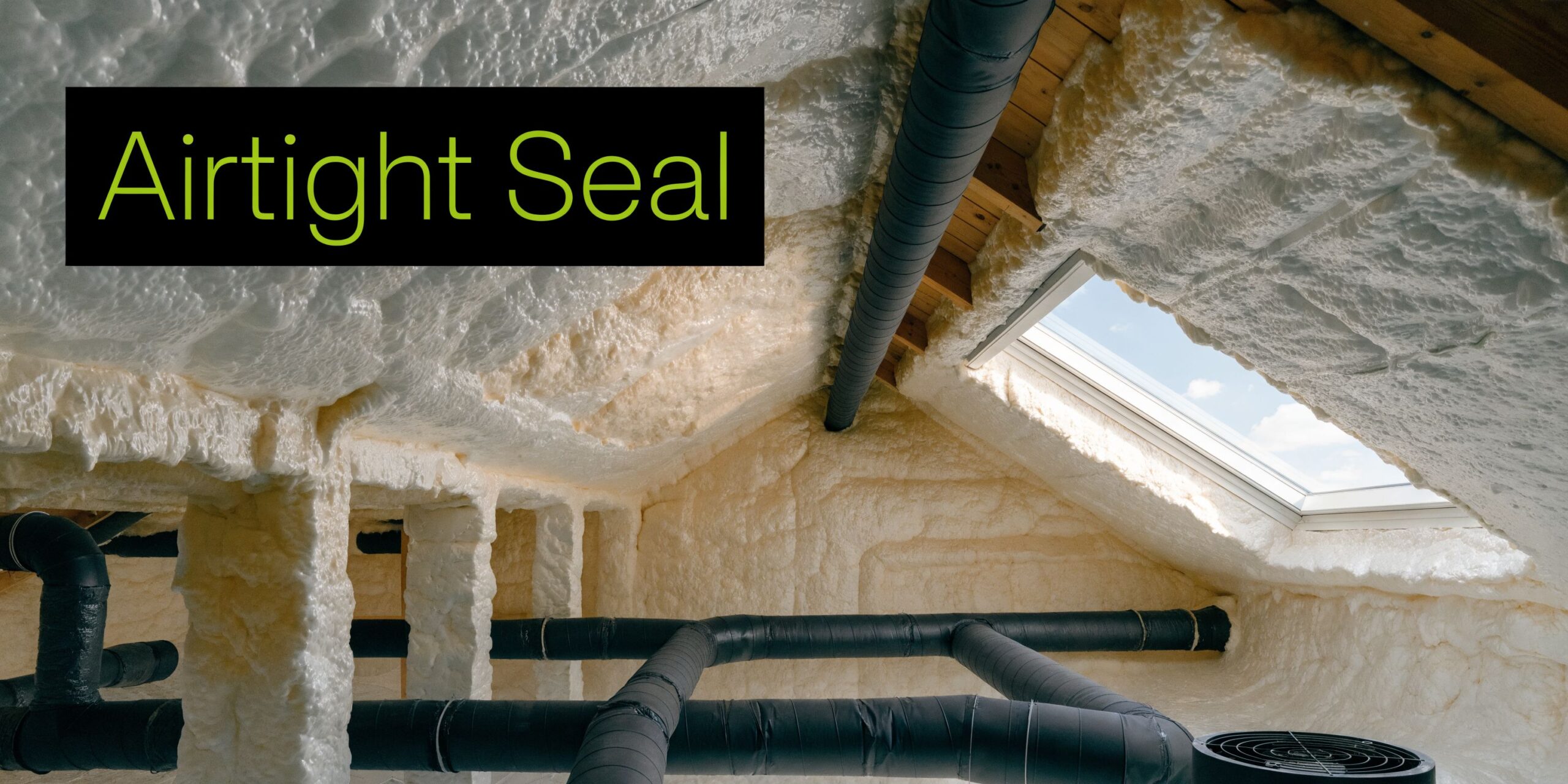 An attic space featuring insulation foam on the roof and walls with installed black ventilation ducting.