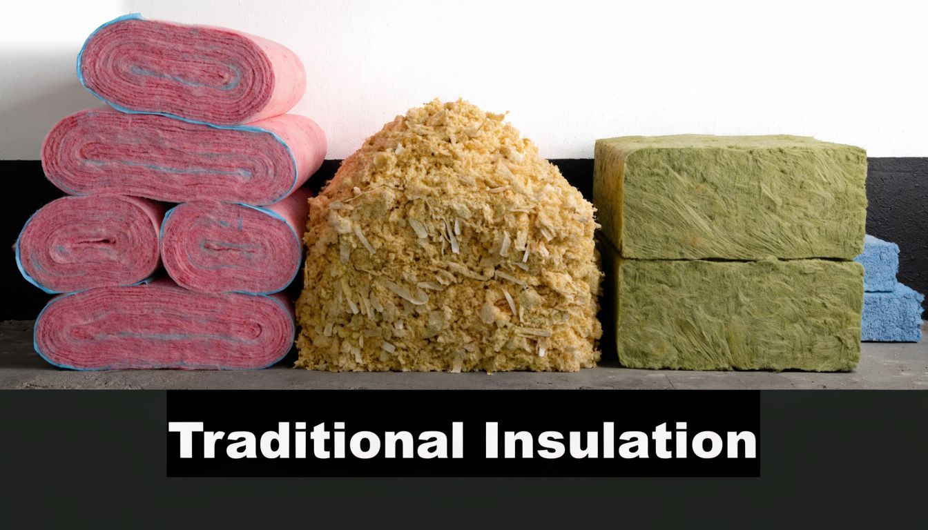 Several types of traditional home building insulation materials including pink rolls, yellow cellulose, and green blocks.