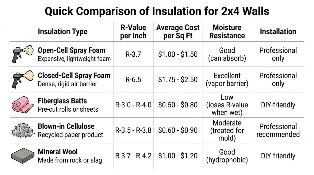 A table comparing the R-value, cost, moisture resistance, and installation type for various insulation materials for walls.