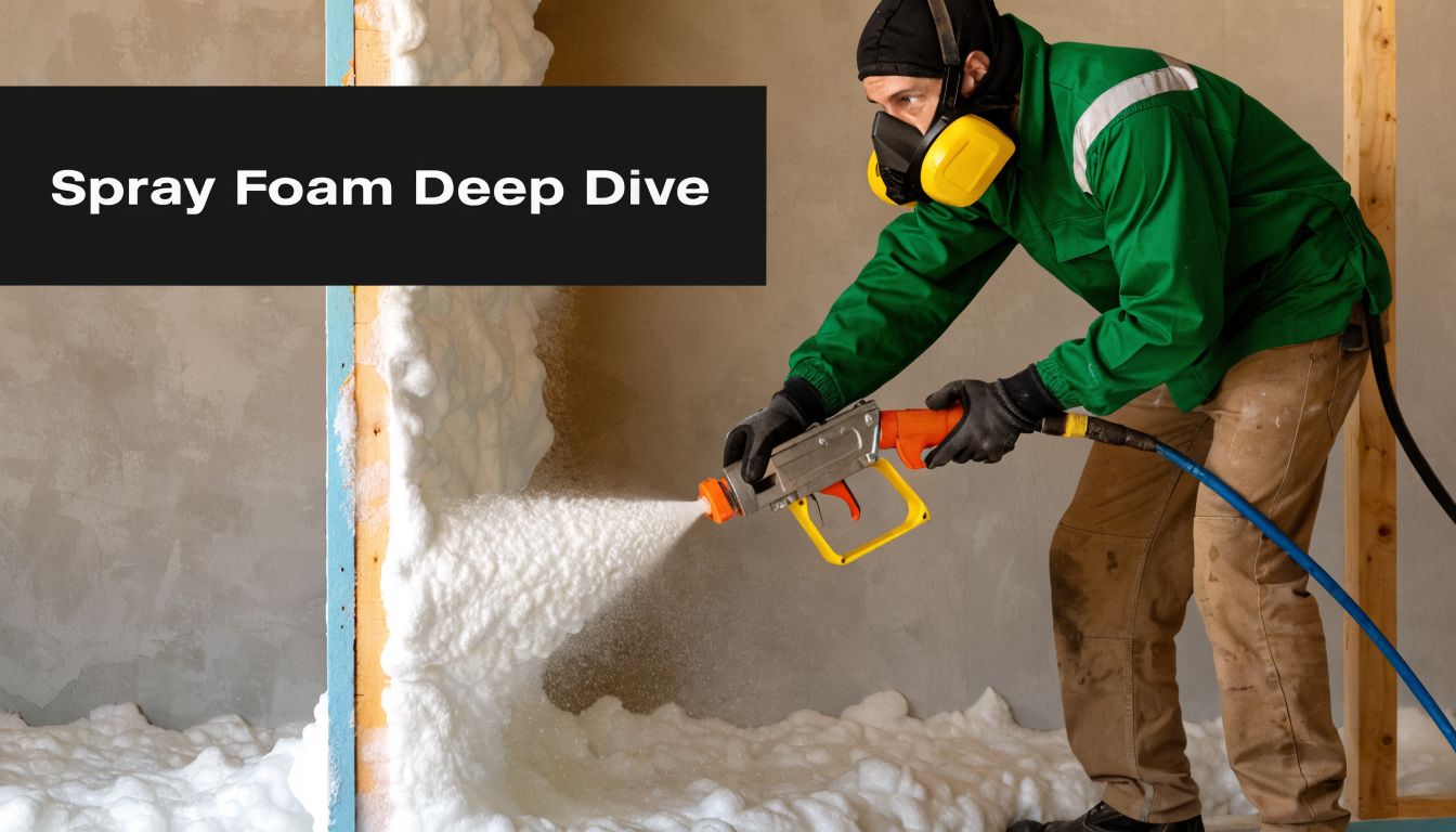 A professional construction worker wearing safety gear applying spray foam insulation to a wooden wall frame.