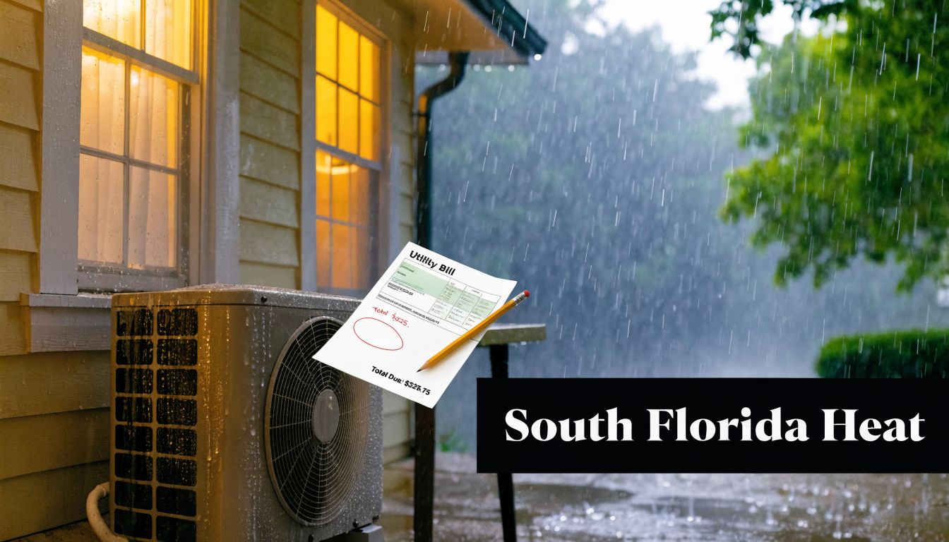 A utility bill placed near an outdoor air conditioner during a rainy day in South Florida.
