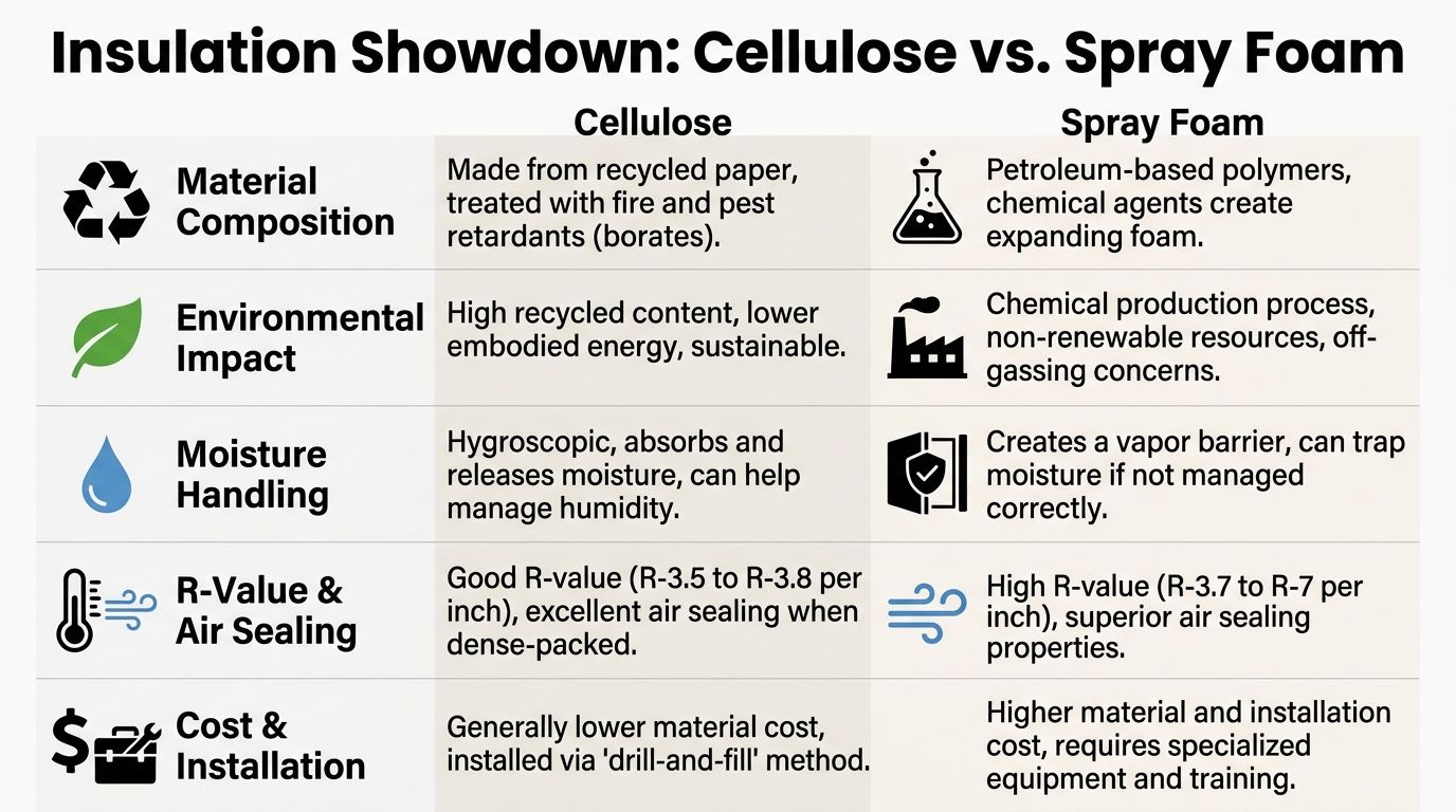 A comparison chart outlining the differences between cellulose and spray foam insulation across five key performance categories.