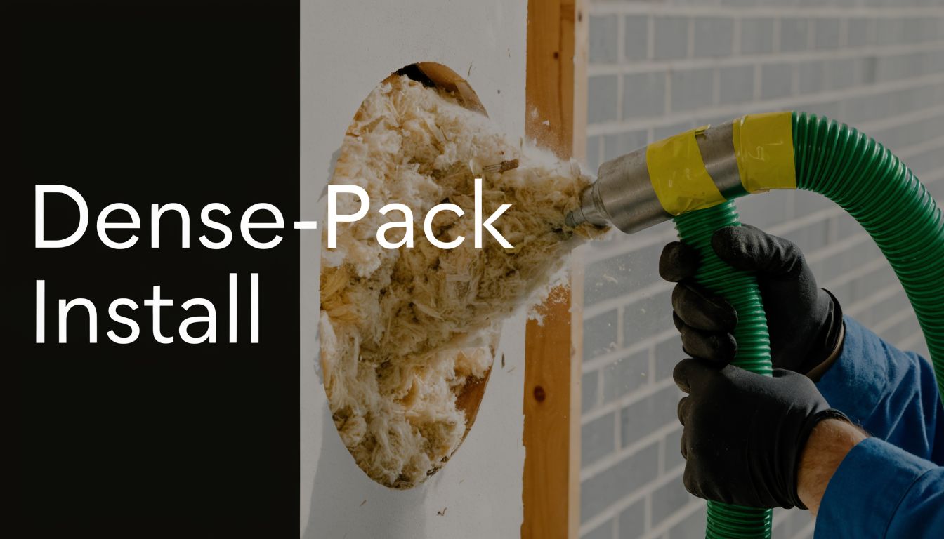 A professional using a hose to install dense-pack cellulose insulation into a wall cavity through a hole.