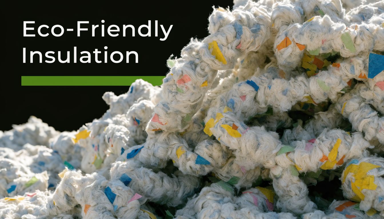 A close-up shot of eco-friendly recycled cellulose insulation material containing white fibers and small colorful flecks.