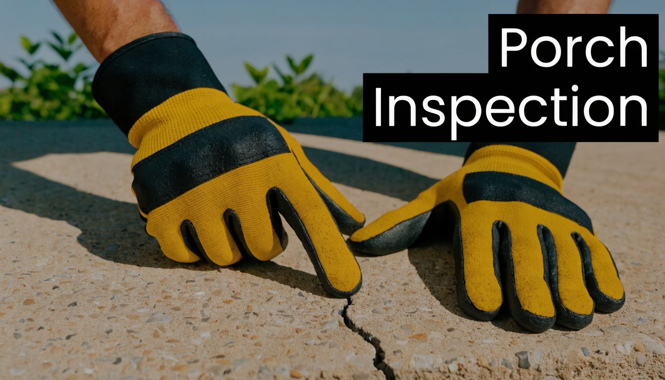 A construction worker wearing safety gloves inspecting a crack in a concrete porch surface.