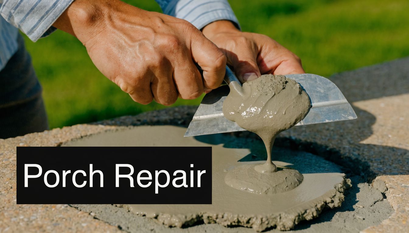 A close up view of a person using a trowel to apply wet concrete for porch repair.