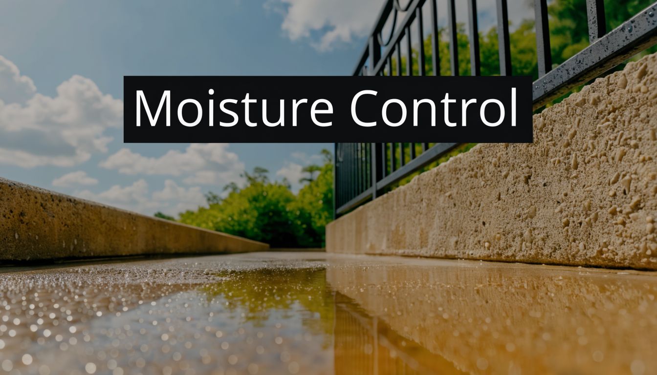 A concrete walkway showing moisture buildup near a railing, highlighting the importance of concrete porch repair services.
