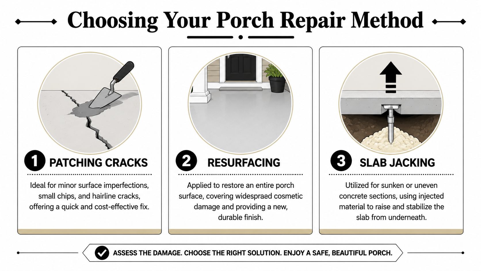 An infographic illustrating three methods for concrete porch repair: patching cracks, resurfacing, and slab jacking.