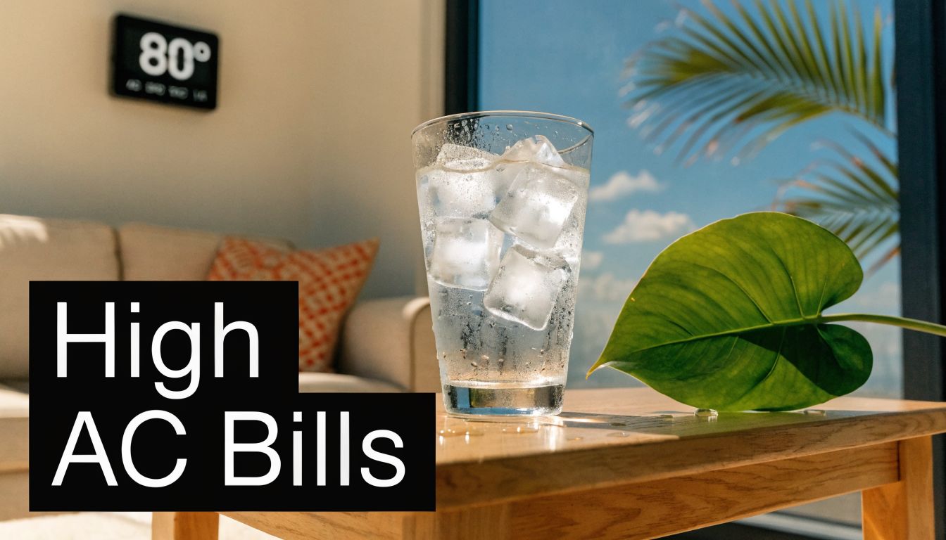 A refreshing glass of ice water on a table in front of a warm sunlit living room window.