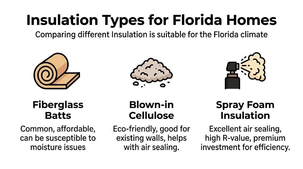 An infographic showing three types of insulation for Florida homes: fiberglass batts, blown-in cellulose, and spray foam.