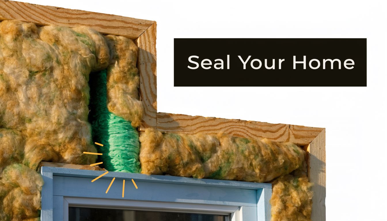 A close-up view of home wall framing showing yellow insulation and green sealing foam around a window.