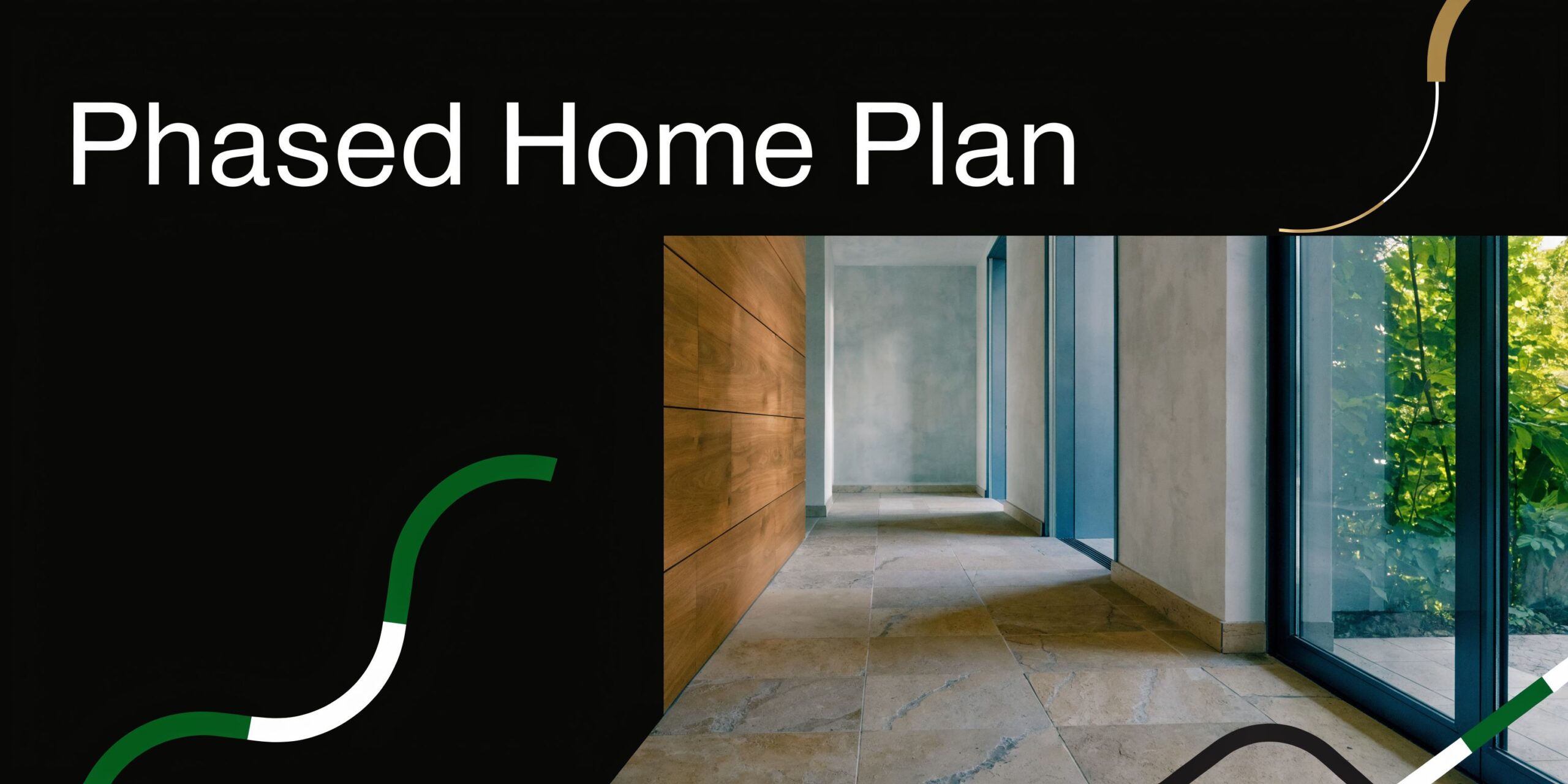 A modern home interior corridor featuring stone flooring, wood paneling, and large windows with garden views.