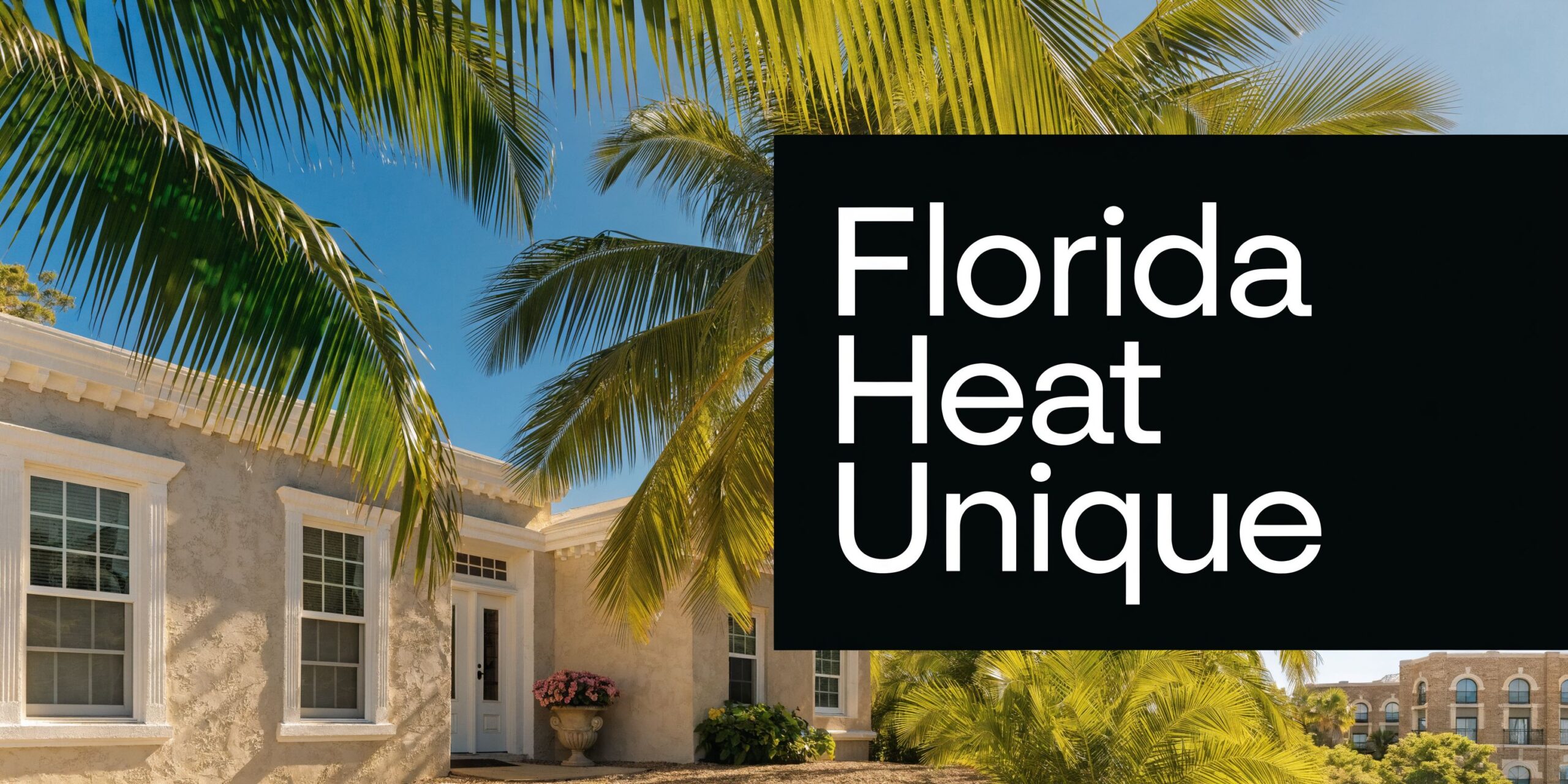 A stucco house in Florida surrounded by lush palm trees under a bright blue sky.