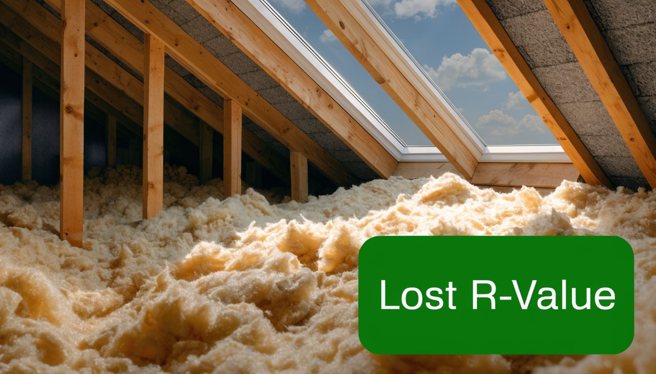 A cross-section of an unfinished attic showing thick blown fiberglass insulation installed between wooden support beams.