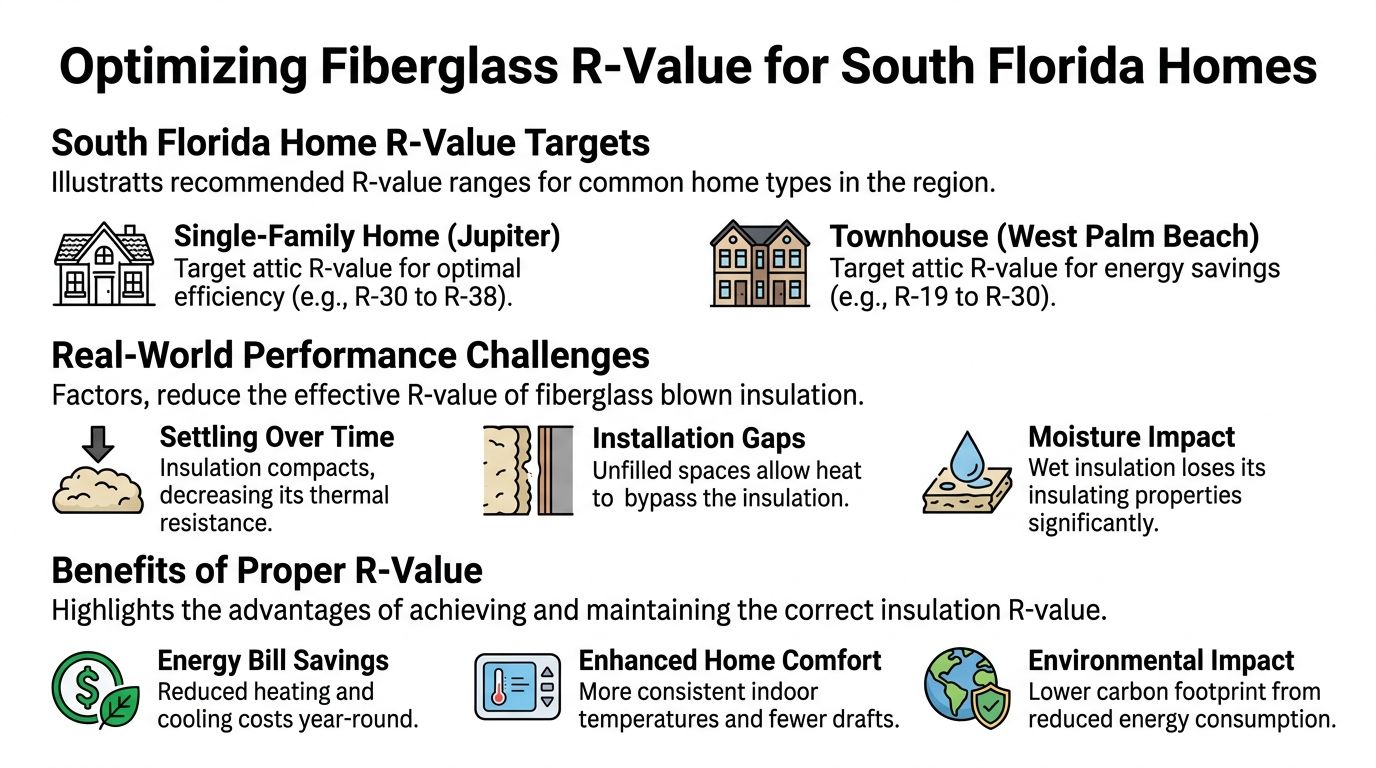 An infographic showing optimal fiberglass R-value targets, performance challenges, and benefits for South Florida homes.