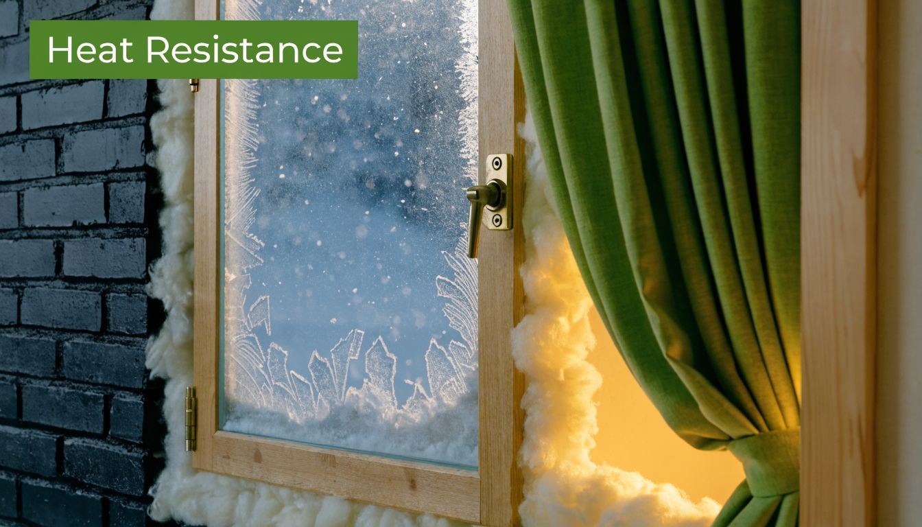 A close-up view of an insulated window frame during winter, demonstrating high heat resistance in a home.