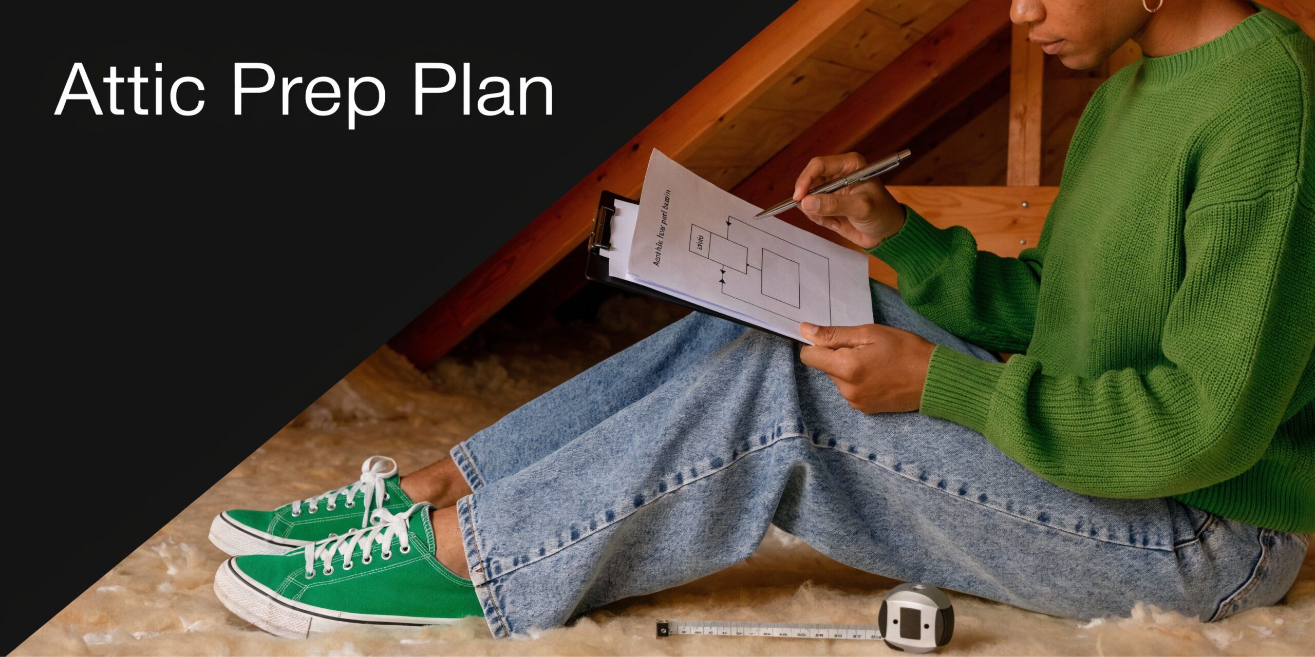 How to Install Radiant Barrier in the Attic: FL Guide 3 A person wearing a green sweater and blue jeans sitting in an attic, reviewing a floor plan.