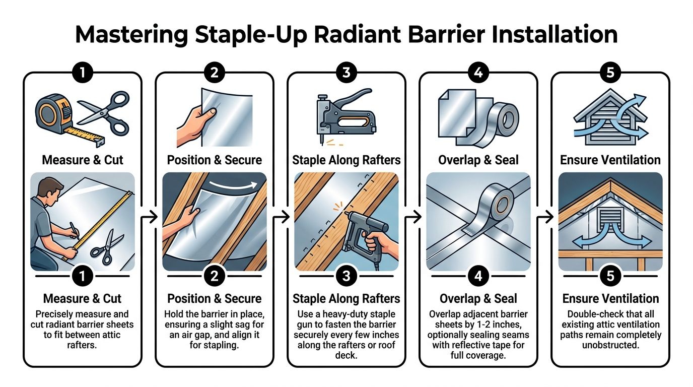 How to Install Radiant Barrier in the Attic: FL Guide 4 A five-step instructional guide illustrating how to correctly install a staple-up radiant barrier in an attic.