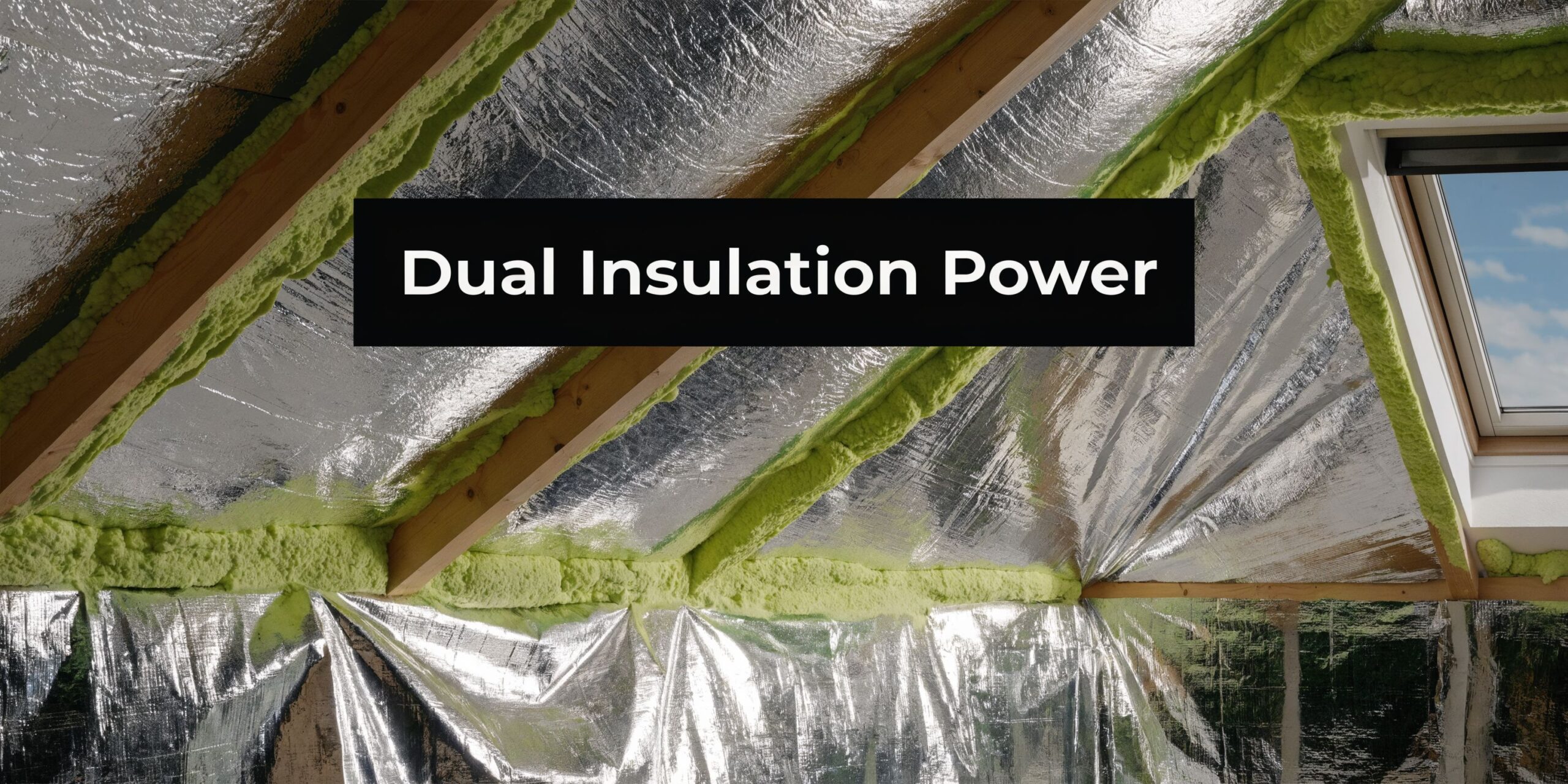 How to Install Radiant Barrier in the Attic: FL Guide 5 Roof rafters insulated with reflective radiant barrier foil and green spray foam insulation in an attic space.