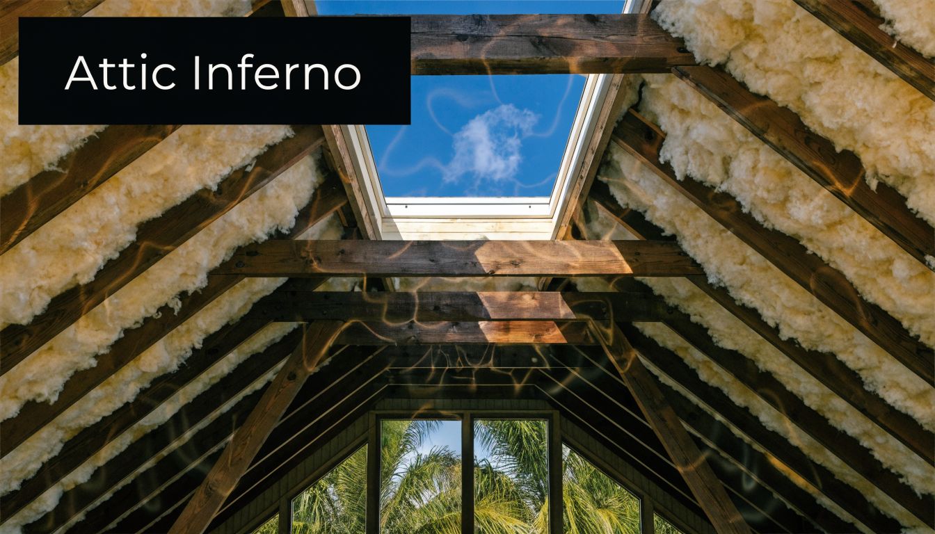 Low angle view of an attic with exposed wooden rafters, insulation, and a central skylight with sky.