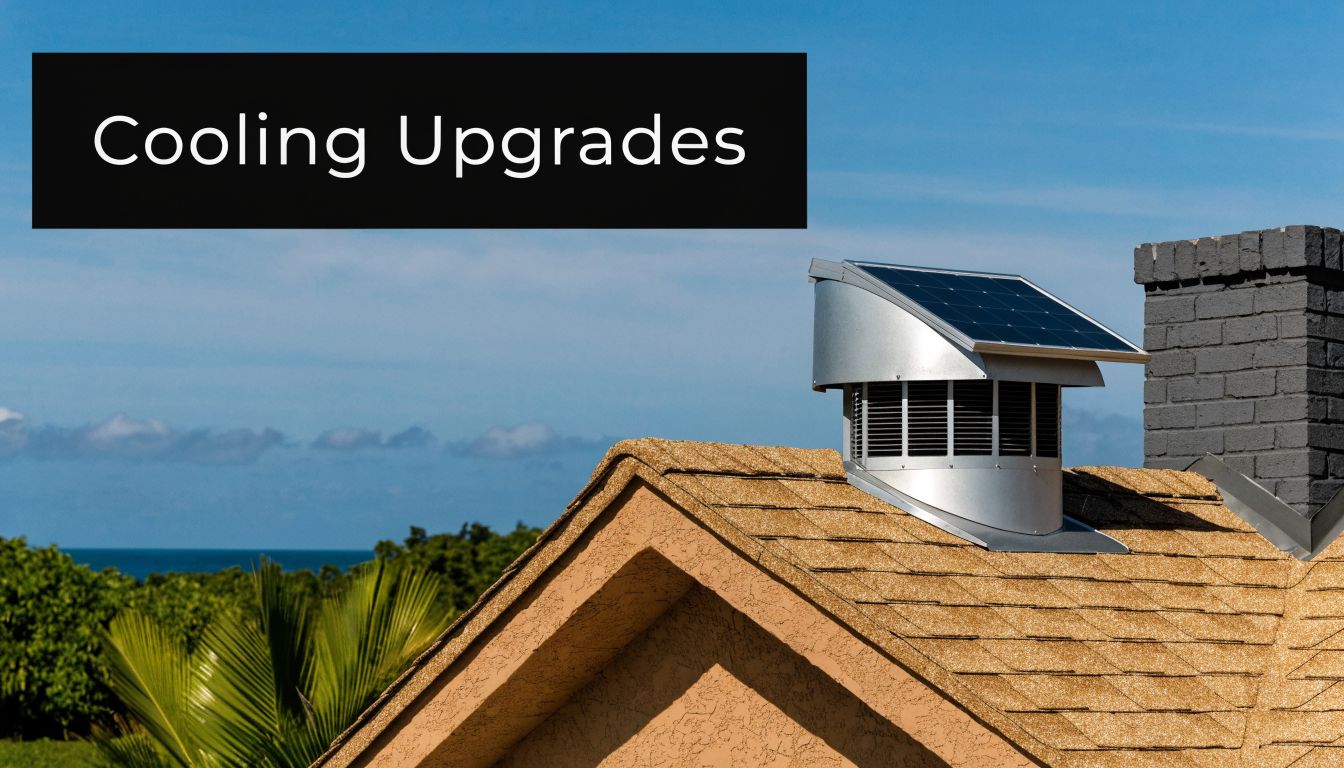 A solar-powered roof ventilation fan installed on a shingled house roof against a clear blue sky.