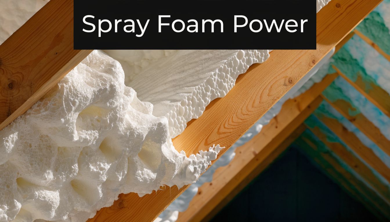 Spray foam insulation applied between wooden ceiling joists in an attic for improved home energy efficiency.