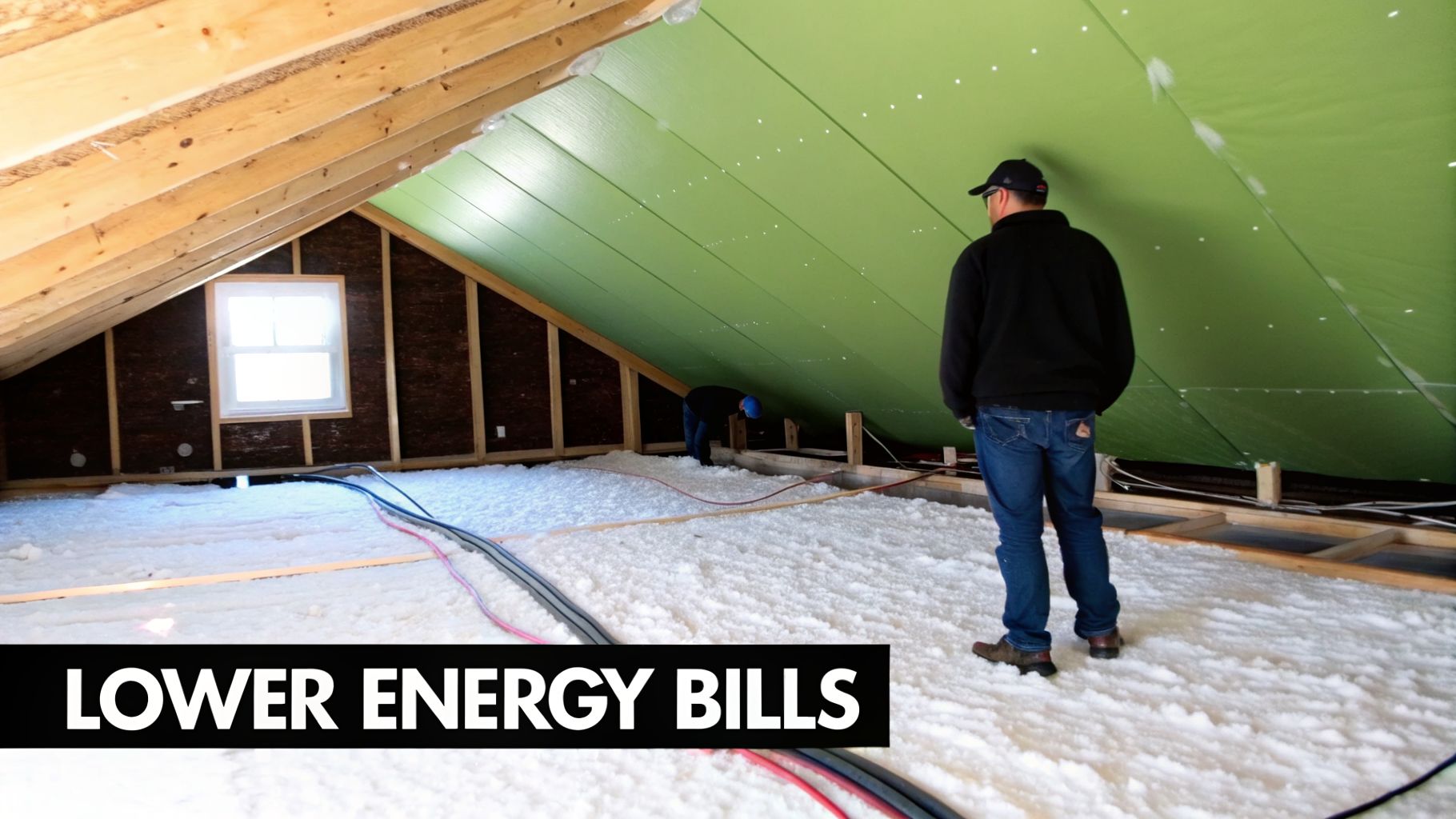 Workers installing attic insulation to improve home energy efficiency and lower energy bills.